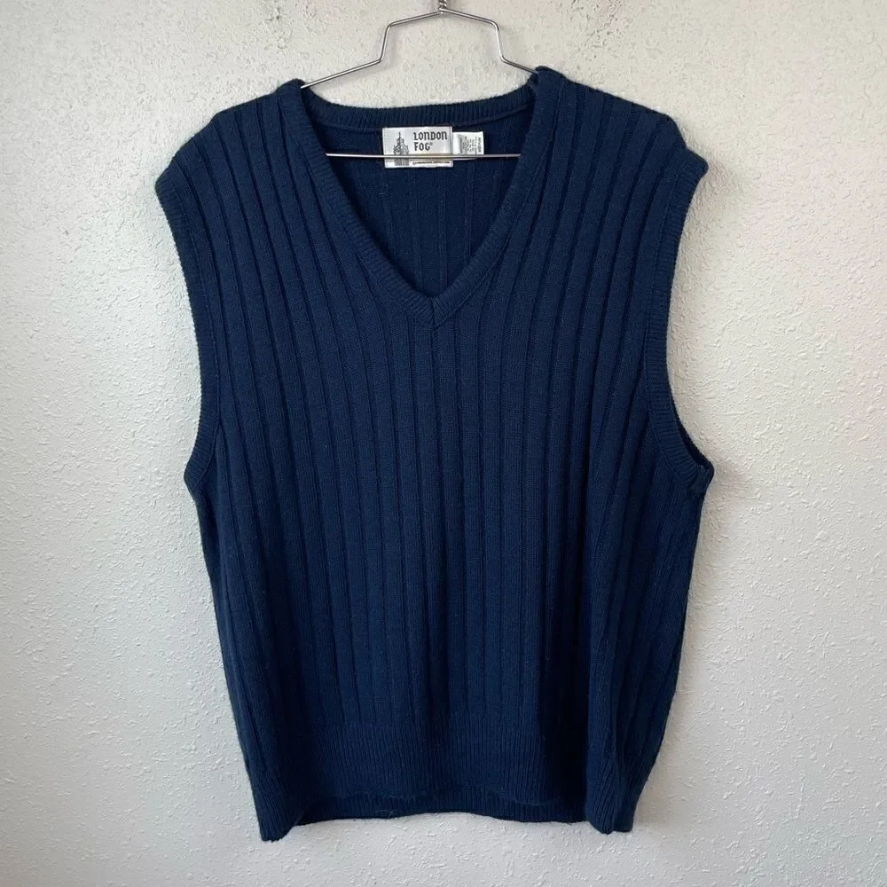 Vintage London Fog Navy Blue Sleeveless V-Neck Sweater Size L